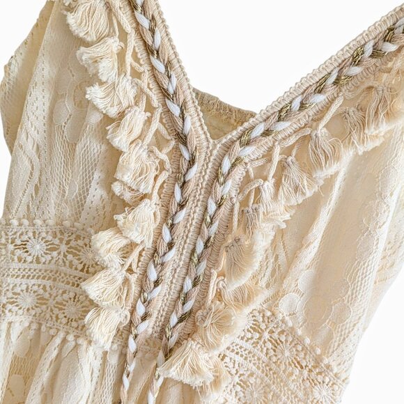 NWT Boho XS Cream Lace Hi-low Maxi Dress Tassels Summer - Picture 2 of 6